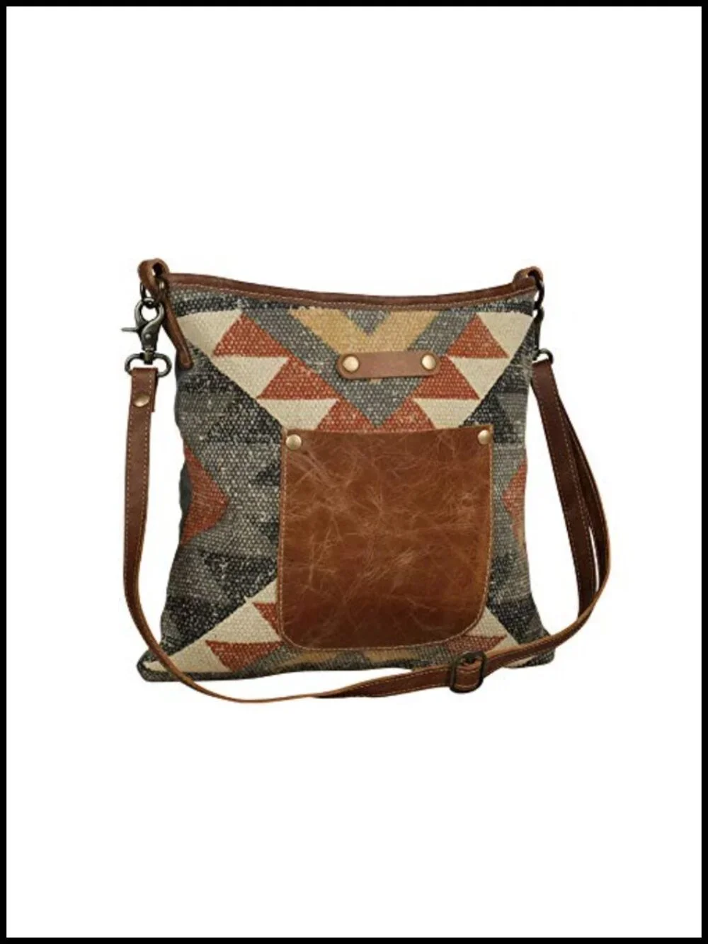 Canvas Western Shoulder Bag with Leather Strap - Geometric Pattern